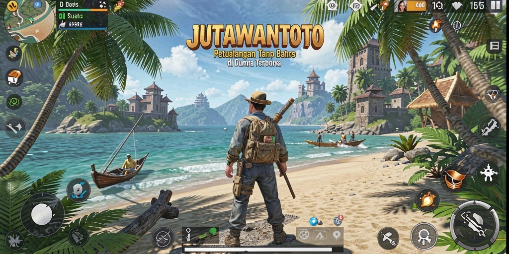 Screenshot gameplay JUTAWANTOTO menunjukkan eksplorasi dunia terbuka yang indah.